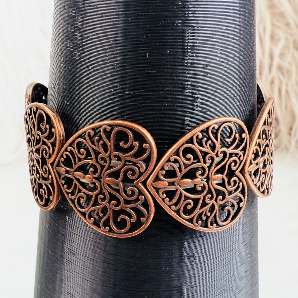 Copper tone Heart Filigree Stretch Bracelet - Picture 6 of 14